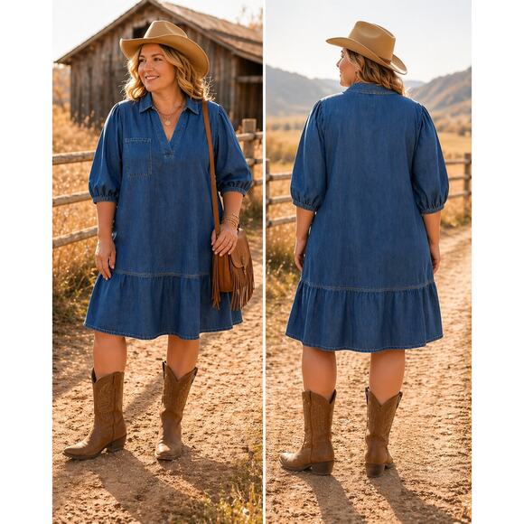 Dokotoo Dresses & Skirts - Denim Dress Women 2XL NWT Blue Jean Western Puff Sleeve Casual Shirt Dress
